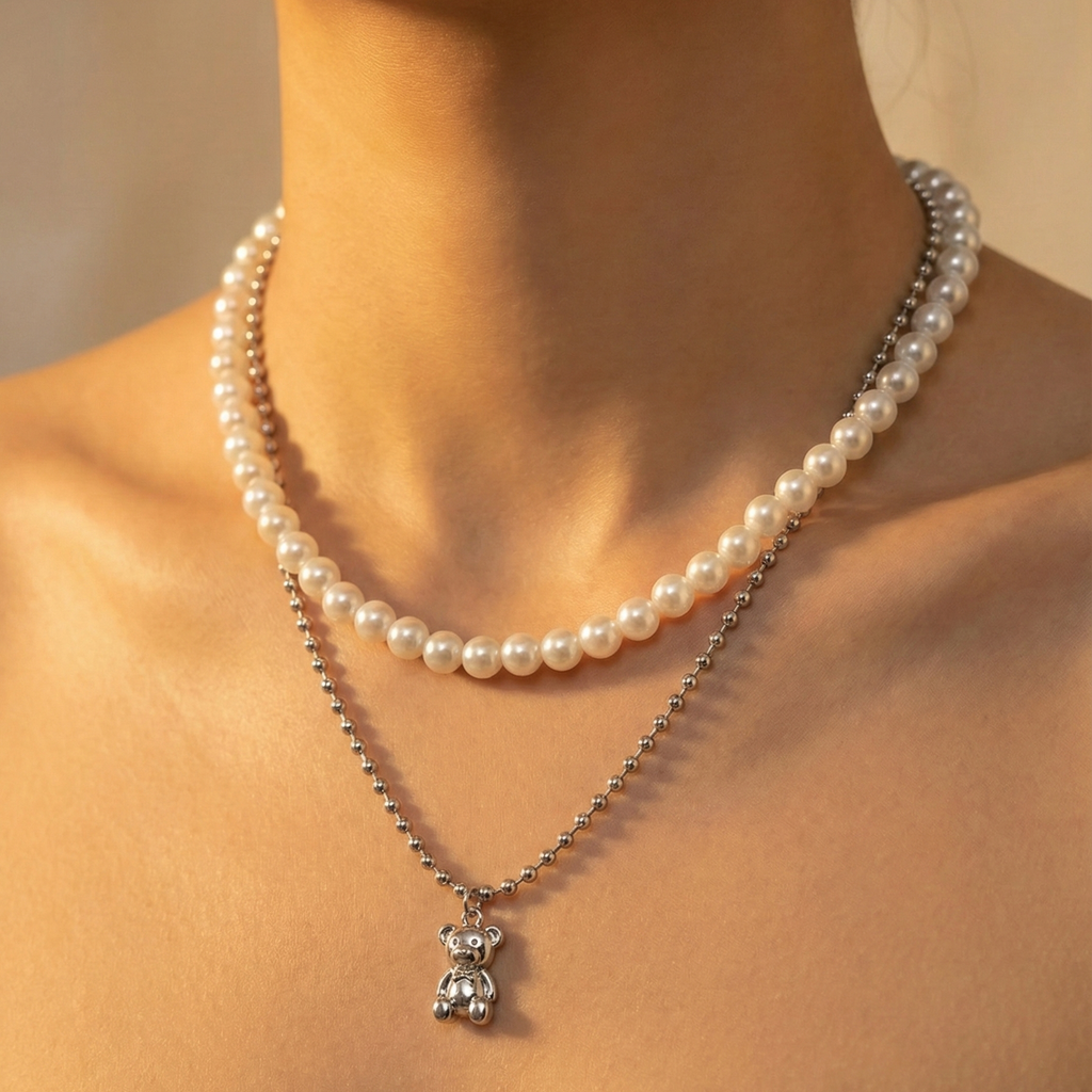 Silver Teddy & Pearls