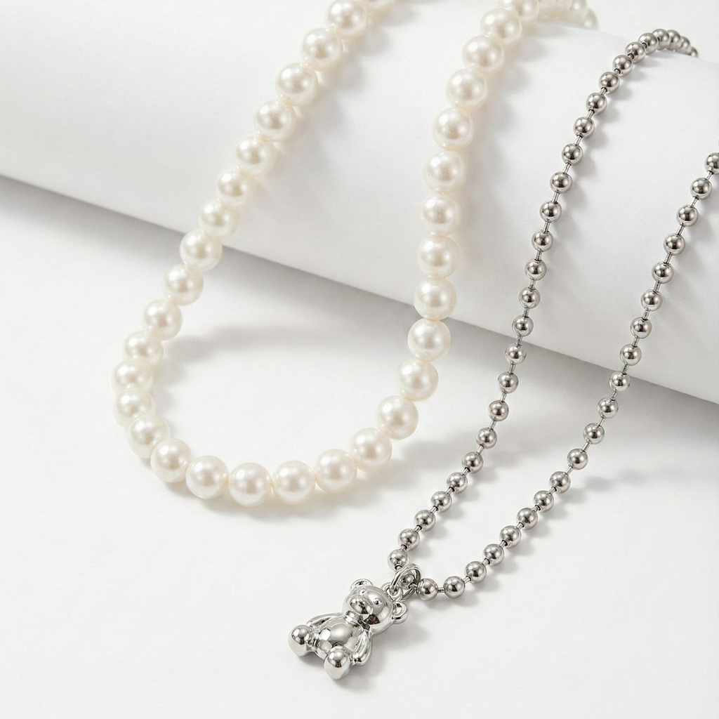 Silver Teddy & Pearls